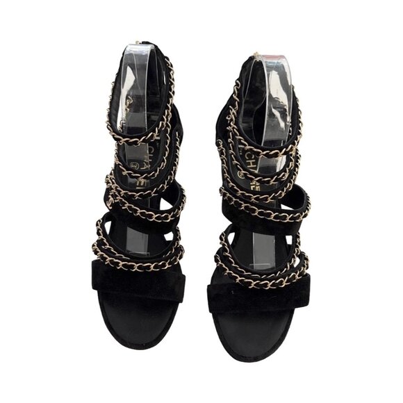 Chanel black suede interlocking gold chain sandals size 38C - Picture 1 of 13